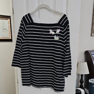 Elegant Striped Women's Blouse with Floral Detail